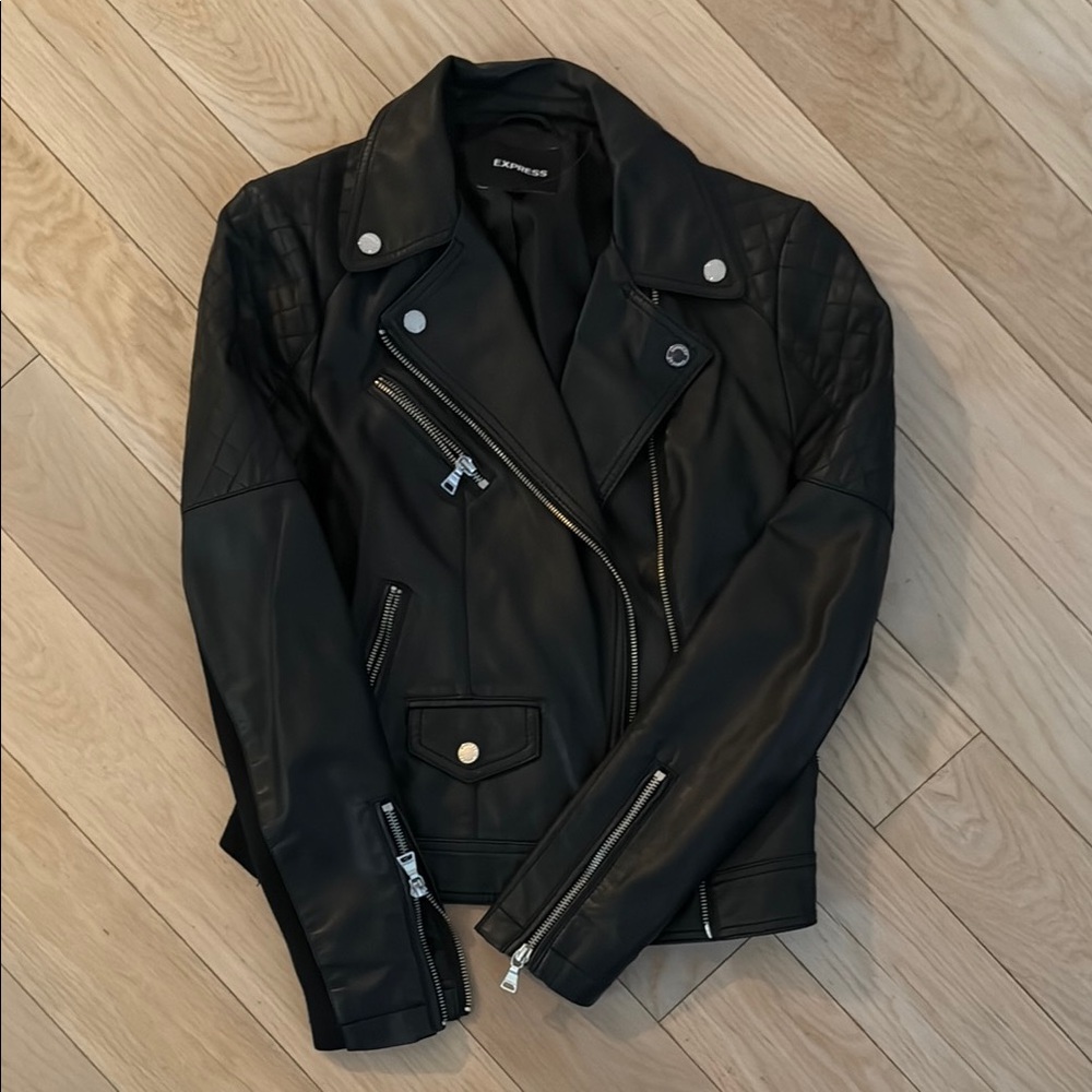 Express Black Leather Motorcycle Jacket with Asymmetrical Zipper